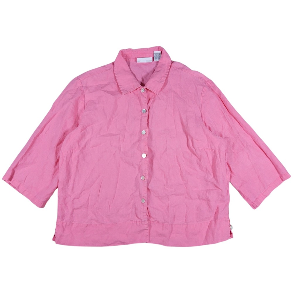Parisian 100% Linen Top Womens L Pink Button Up 3/4 Sleeve Shirt Coastal Grandma